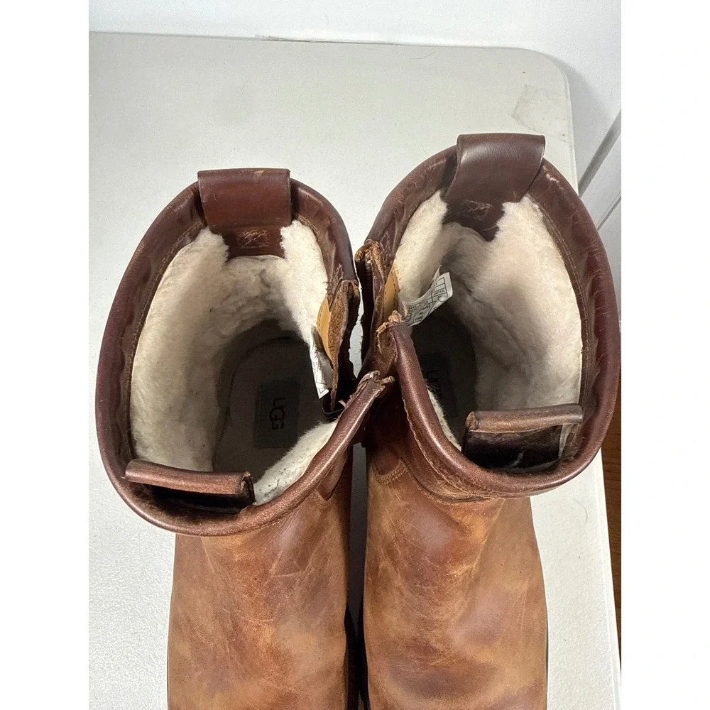 UGG Mens Brown Leather Vibram Sole Shearling Lined Side Zip Winter Boots Sz 10